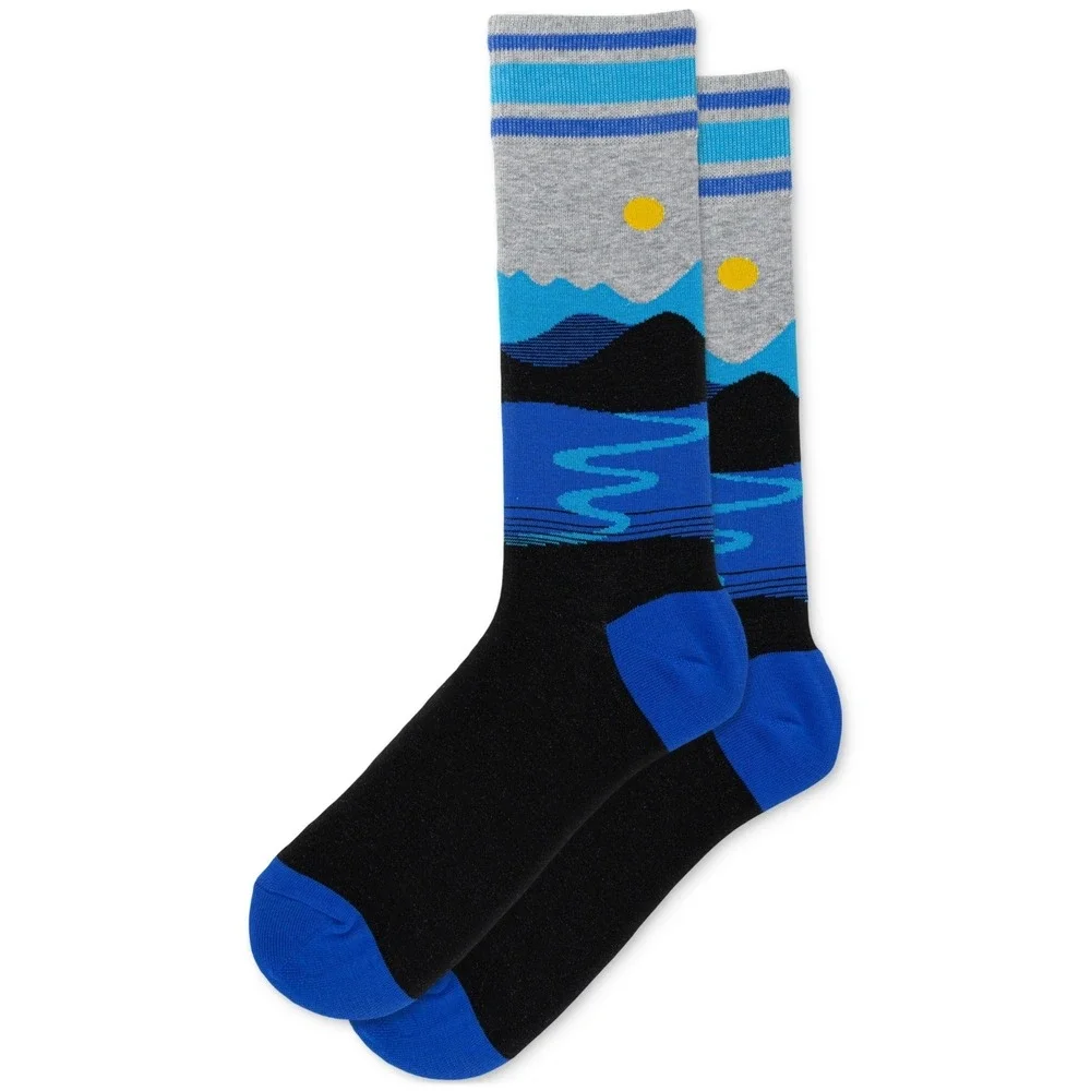 Hot Sox Landscape Mountain River Crew Socks Black/Blue Mens 1 Pair NWT